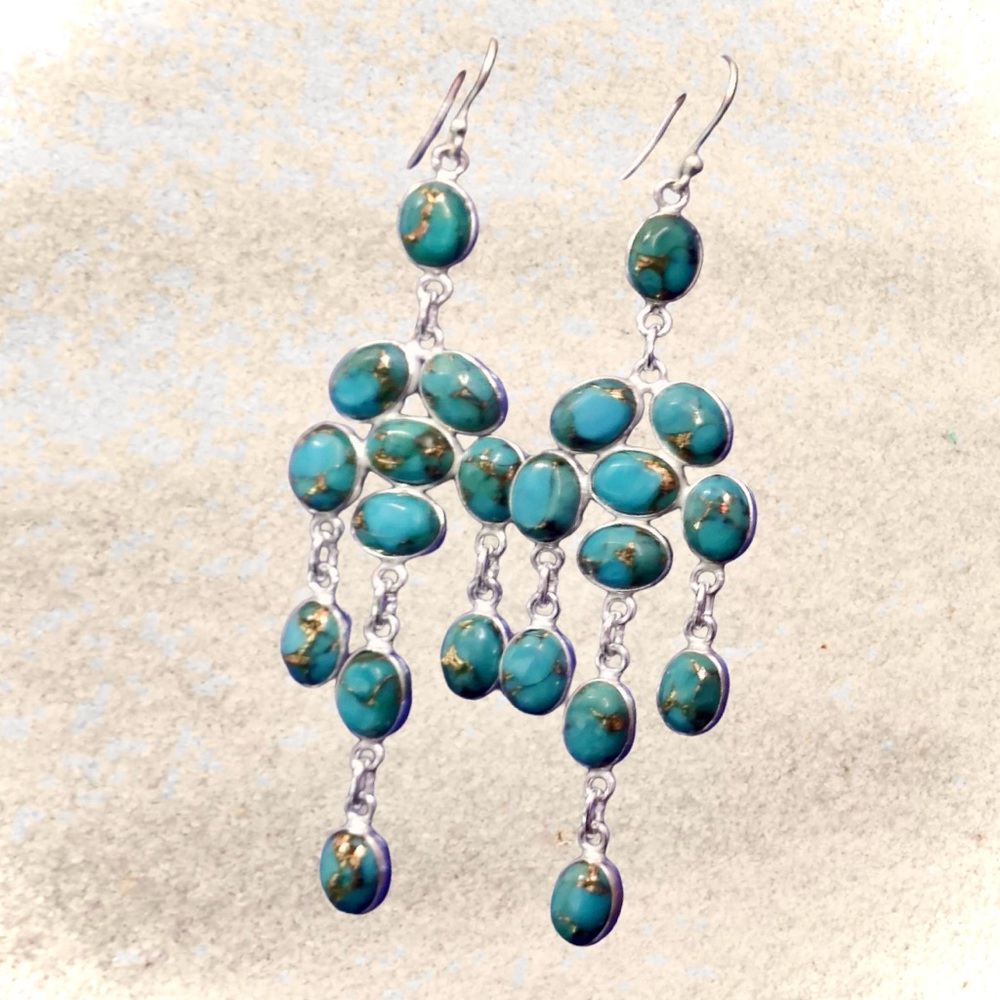 NWT Genuine Turquoise & 925 Sterling Silver Chandelier Dangle Earrings - Picture 4 of 5